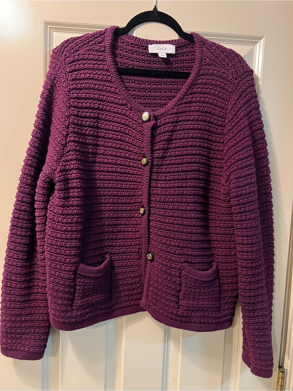 CeCe Plum Heavy Cotton Knit Crest Button Lady Jacket Cardigan Size L - Picture 10 of 10